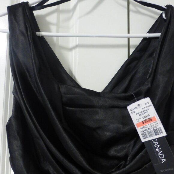 LE CHATEAU black silky satin ruched cocktail party midi dress - Picture 3 of 10